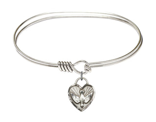 7 inch Oval Eye Hook Rhodium Bangle Bracelet with a Sterling Silver Confirmation Heart charm. Engraved Catholic Saint Jewelry