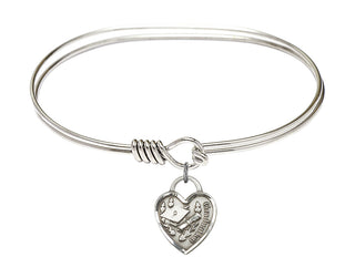 7 inch Oval Eye Hook Rhodium Bangle Bracelet with a Sterling Silver Graduation Heart charm. Engraved Catholic Saint Jewelry
