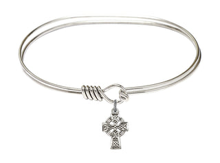 7 inch Oval Eye Hook Rhodium Bangle Bracelet with a Sterling Silver Celtic Cross charm.