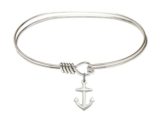 7 inch Oval Eye Hook Rhodium Bangle Bracelet with a Sterling Silver Anchor charm.