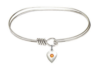 7 inch Oval Eye Hook Rhodium Bangle Bracelet with a Sterling Silver Heart charm.