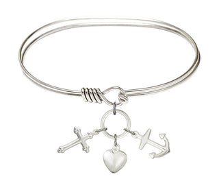 7 inch Oval Eye Hook Rhodium Bangle Bracelet with a Sterling Silver Anchor charm.