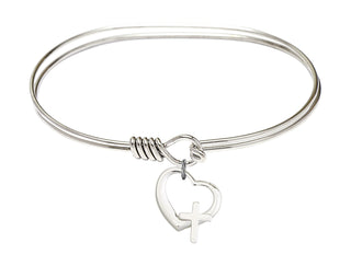 7 inch Oval Eye Hook Rhodium Bangle Bracelet with a Sterling Silver Heart / Cross charm.