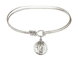 7 inch Oval Eye Hook Rhodium Bangle Bracelet with a Sterling Silver Our Lady of Guadalupe charm.