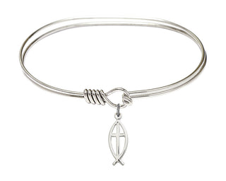 7 inch Oval Eye Hook Rhodium Bangle Bracelet with a Sterling Silver Fish / Cross charm.
