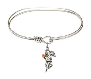 7 inch Oval Eye Hook Rhodium Bangle Bracelet with a Sterling Silver Guardian Angel charm.
