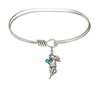 7 inch Oval Eye Hook Rhodium Bangle Bracelet with a Sterling Silver Guardian Angel charm.