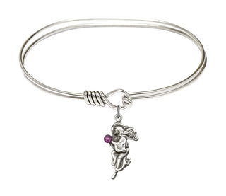 7 inch Oval Eye Hook Rhodium Bangle Bracelet with a Sterling Silver Guardian Angel charm.