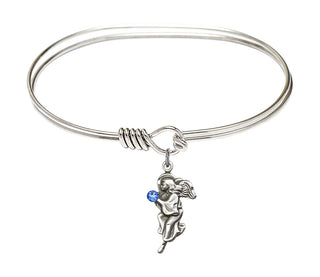 7 inch Oval Eye Hook Rhodium Bangle Bracelet with a Sterling Silver Guardian Angel charm.