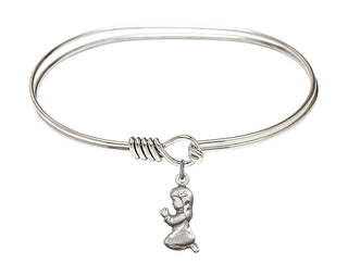 7 inch Oval Eye Hook Rhodium Bangle Bracelet with a Sterling Silver Praying Girl charm.