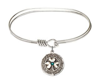 7 inch Oval Eye Hook Rhodium Bangle Bracelet with a Sterling Silver Shamrock with Celtic Border charm.