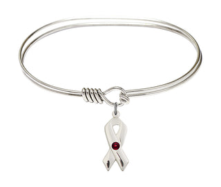 7 inch Oval Eye Hook Rhodium Bangle Bracelet with a Sterling Silver Cancer Awareness charm.