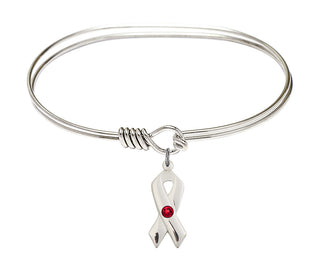 7 inch Oval Eye Hook Rhodium Bangle Bracelet with a Sterling Silver Cancer Awareness charm.