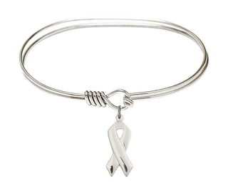 7 inch Oval Eye Hook Rhodium Bangle Bracelet with a Sterling Silver Cancer Awareness charm.