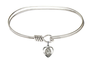 7 inch Oval Eye Hook Rhodium Bangle Bracelet with a Sterling Silver Scapular charm.