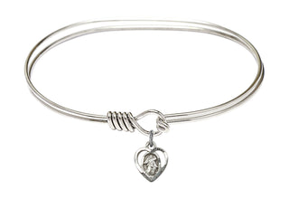 7 inch Oval Eye Hook Rhodium Bangle Bracelet with a Sterling Silver Guardian Angel charm. Engraved Catholic Saint Jewelry
