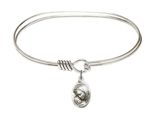 7 inch Oval Eye Hook Rhodium Bangle Bracelet with a Sterling Silver Madonna & Child charm.
