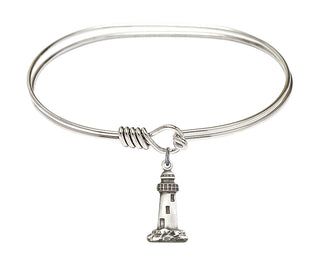 7 inch Oval Eye Hook Rhodium Bangle Bracelet with a Sterling Silver Lighthouse charm.