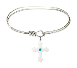 7 inch Oval Eye Hook Rhodium Bangle Bracelet with a Sterling Silver Cross charm.