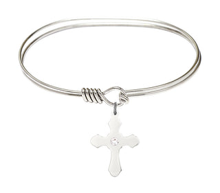7 inch Oval Eye Hook Rhodium Bangle Bracelet with a Sterling Silver Cross charm.
