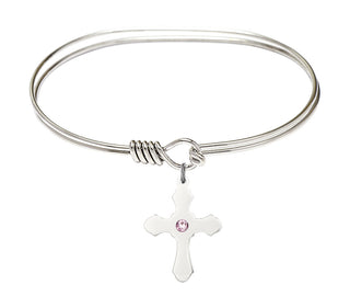 7 inch Oval Eye Hook Rhodium Bangle Bracelet with a Sterling Silver Cross charm.