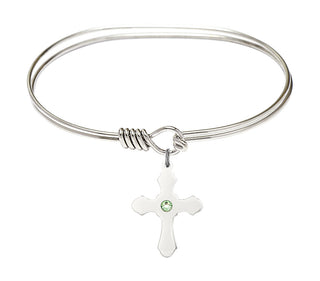 7 inch Oval Eye Hook Rhodium Bangle Bracelet with a Sterling Silver Cross charm.