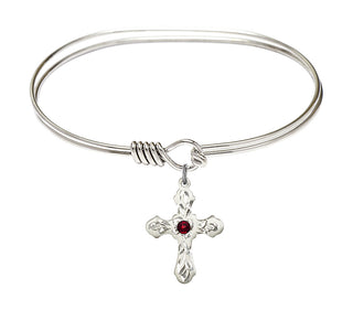7 inch Oval Eye Hook Rhodium Bangle Bracelet with a Sterling Silver Cross charm. Engraved Catholic Saint Jewelry
