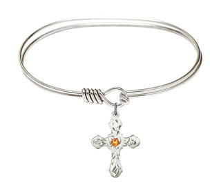 7 inch Oval Eye Hook Rhodium Bangle Bracelet with a Sterling Silver Cross charm. Engraved Catholic Saint Jewelry