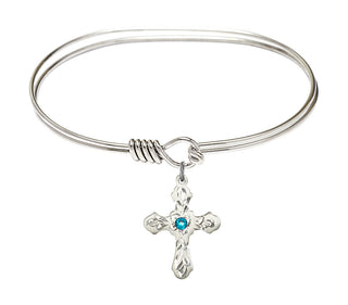 7 inch Oval Eye Hook Rhodium Bangle Bracelet with a Sterling Silver Cross charm. Engraved Catholic Saint Jewelry