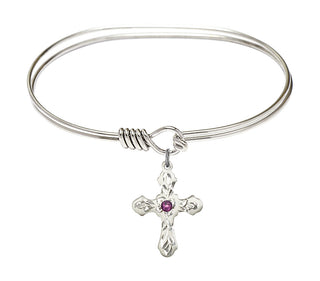 7 inch Oval Eye Hook Rhodium Bangle Bracelet with a Sterling Silver Cross charm. Engraved Catholic Saint Jewelry