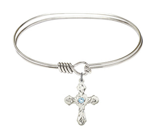 7 inch Oval Eye Hook Rhodium Bangle Bracelet with a Sterling Silver Cross charm. Engraved Catholic Saint Jewelry