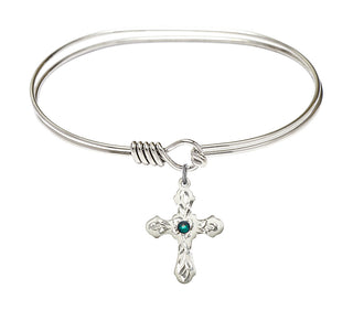 7 inch Oval Eye Hook Rhodium Bangle Bracelet with a Sterling Silver Cross charm. Engraved Catholic Saint Jewelry