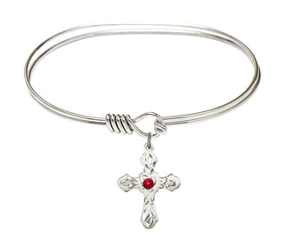 7 inch Oval Eye Hook Rhodium Bangle Bracelet with a Sterling Silver Cross charm. Engraved Catholic Saint Jewelry