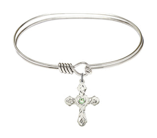 7 inch Oval Eye Hook Rhodium Bangle Bracelet with a Sterling Silver Cross charm. Engraved Catholic Saint Jewelry