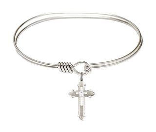 7 inch Oval Eye Hook Rhodium Bangle Bracelet with a Sterling Silver Cross on Cross charm. Engraved Catholic Saint Jewelry