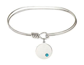 7 inch Oval Eye Hook Rhodium Bangle Bracelet with a Sterling Silver Plain Disc charm.
