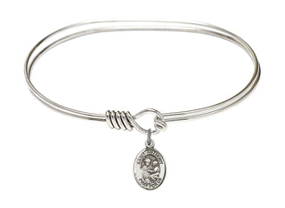 7 inch Oval Eye Hook Rhodium Bangle Bracelet with a Sterling Silver Saint Anthony of Padua charm. Engraved Catholic Saint Jewelry