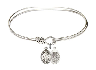 7 inch Oval Eye Hook Rhodium Bangle Bracelet with a Sterling Silver Saint Benedict charm.