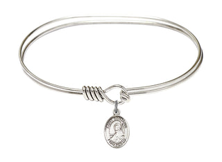 7 inch Oval Eye Hook Rhodium Bangle Bracelet with a Sterling Silver Saint Benjamin charm. Engraved Catholic Saint Jewelry