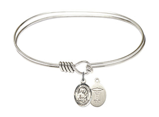 7 inch Oval Eye Hook Rhodium Bangle Bracelet with a Sterling Silver Saint Camillus of Lellis/Doctors charm.