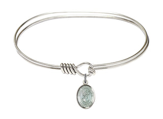 7 inch Oval Eye Hook Rhodium Bangle Bracelet with a Sterling Silver Saint Christopher charm. Engraved Catholic Saint Jewelry