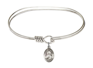 7 inch Oval Eye Hook Rhodium Bangle Bracelet with a Sterling Silver Saint Dorothy charm. Engraved Catholic Saint Jewelry