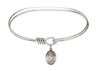 7 inch Oval Eye Hook Rhodium Bangle Bracelet with a Sterling Silver Saint Dominic de Guzman charm. Engraved Catholic Saint Jewelry