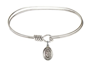 7 inch Oval Eye Hook Rhodium Bangle Bracelet with a Sterling Silver Saint James the Greater charm. Engraved Catholic Saint Jewelry