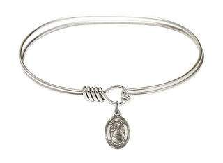 7 inch Oval Eye Hook Rhodium Bangle Bracelet with a Sterling Silver Saint John the Apostle charm. Engraved Catholic Saint Jewelry