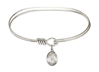 7 inch Oval Eye Hook Rhodium Bangle Bracelet with a Sterling Silver Saint Margaret Mary Alacoque charm. Engraved Catholic Saint Jewelry