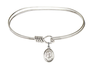7 inch Oval Eye Hook Rhodium Bangle Bracelet with a Sterling Silver Saint Rita of Cascia charm. Engraved Catholic Saint Jewelry