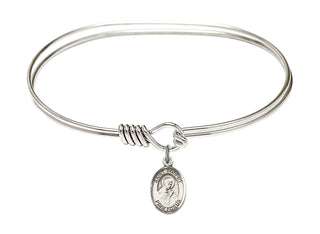 7 inch Oval Eye Hook Rhodium Bangle Bracelet with a Sterling Silver Saint Robert Bellarmine charm. Engraved Catholic Saint Jewelry