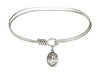 7 inch Oval Eye Hook Rhodium Bangle Bracelet with a Sterling Silver Saint Leo the Great charm. Engraved Catholic Saint Jewelry
