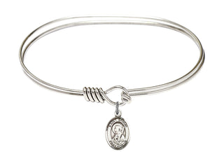 7 inch Oval Eye Hook Rhodium Bangle Bracelet with a Sterling Silver Saint Brigid of Ireland charm. Engraved Catholic Saint Jewelry
